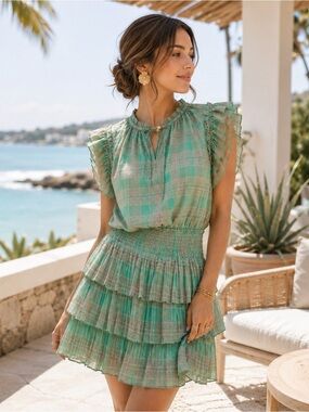 Current Air Anthropologie Plaid Ruffle Sleeve Smocked Mini Dress L Green Pin